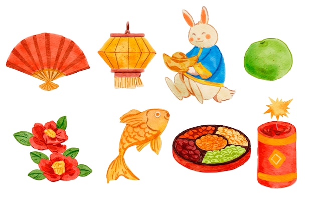 水彩风格中国风中式兔年元素