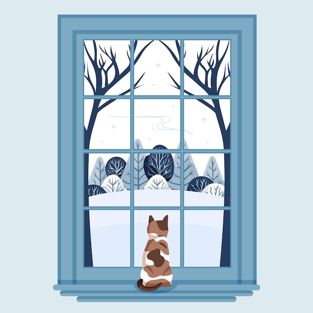 冬天下雪的窗外风景插画