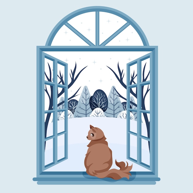 冬天下雪的窗外风景插画