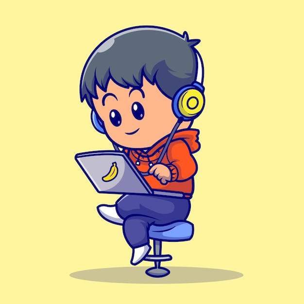听音乐使用笔记本电脑的男孩卡通插画