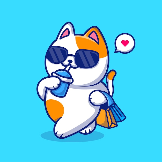 喝饮料购物的小猫