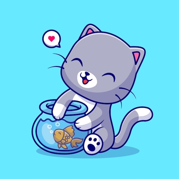 小猫鱼缸卡通插画