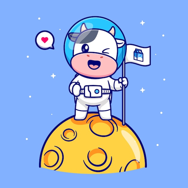 奶牛宇航员登上月球卡通插画