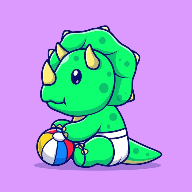 三角龙恐龙玩皮球卡通插画