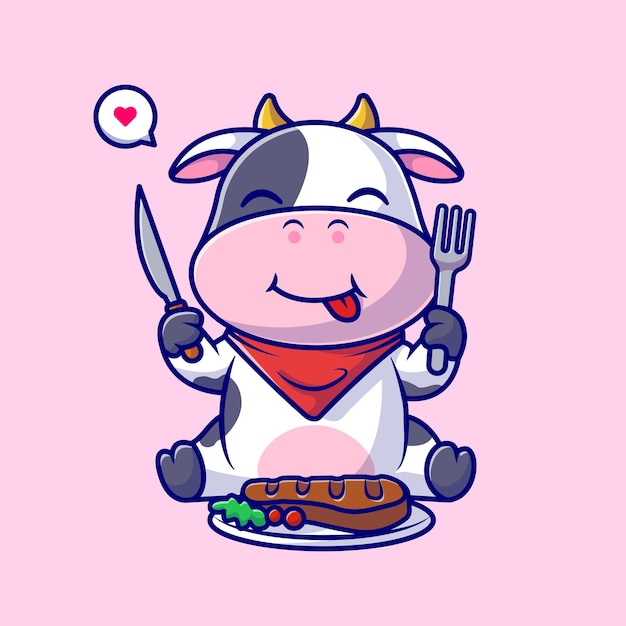奶牛吃肉卡通插画