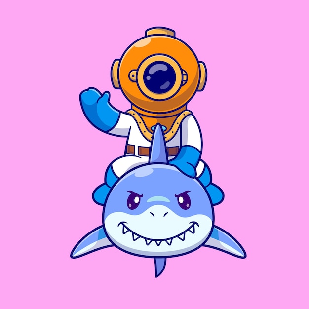 潜水员骑鲨鱼卡通插画