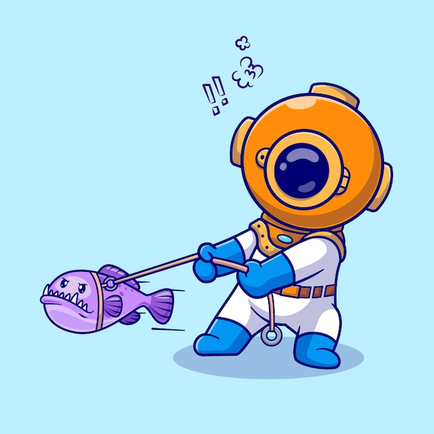 潜水员捕鱼卡通插画