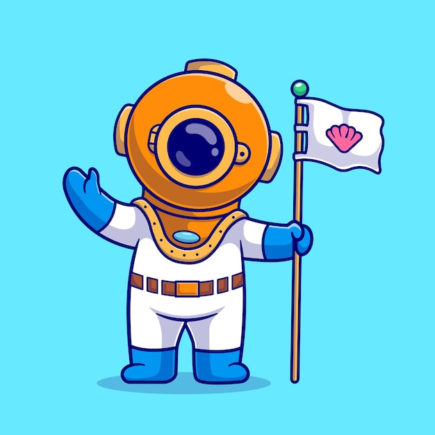 潜水员旗帜招手卡通插画