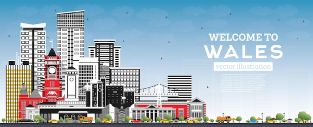 威尔士城市天际线建筑插画