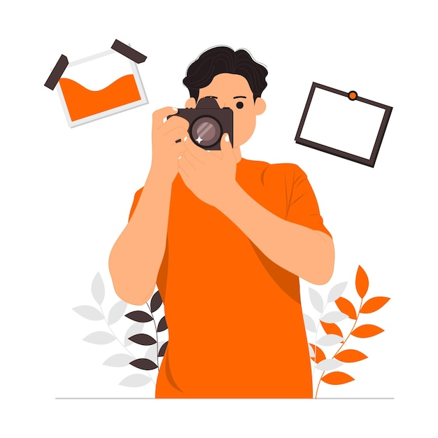 用照相机拍照的人扁平插画