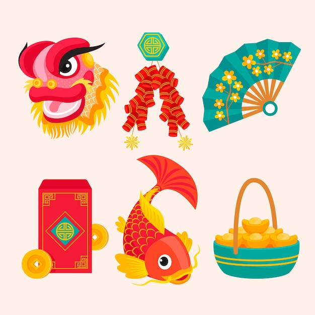 新年春节装饰元素红包鲤鱼元宝扇子鞭炮舞狮