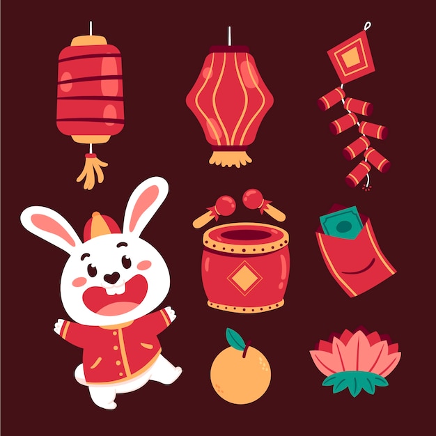 春节新年装饰元素灯笼鞭炮兔子鼓红包
