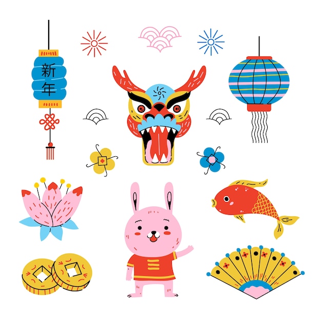 灯笼龙头扇子鲤鱼兔子铜钱春节新年中式元素