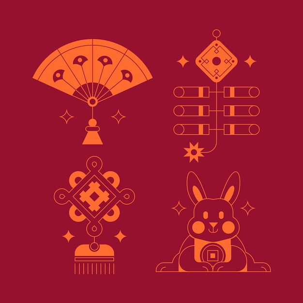 扇子中国结鞭炮兔子春节新年中式元素