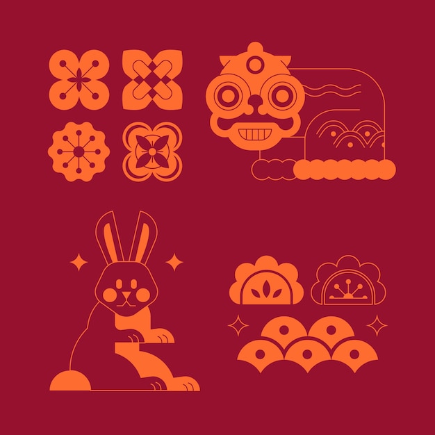 兔子舞狮花朵春节新年中式元素