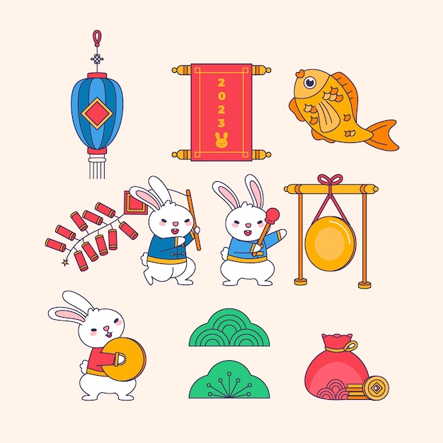 灯笼卷轴鲤鱼铜锣兔子春节新年兔年元素