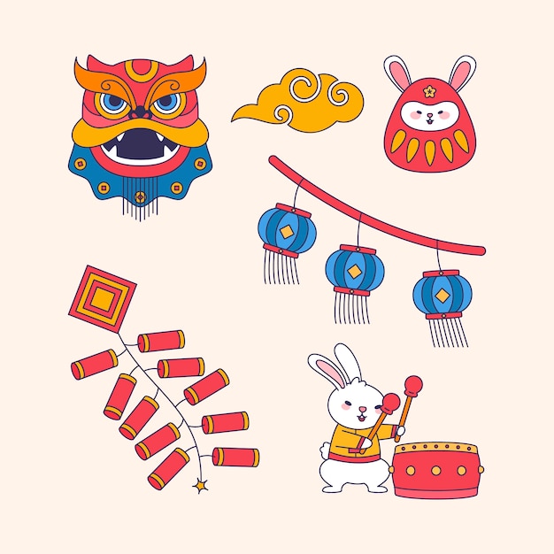 舞狮祥云鞭炮灯笼兔子大鼓春节新年兔年元素