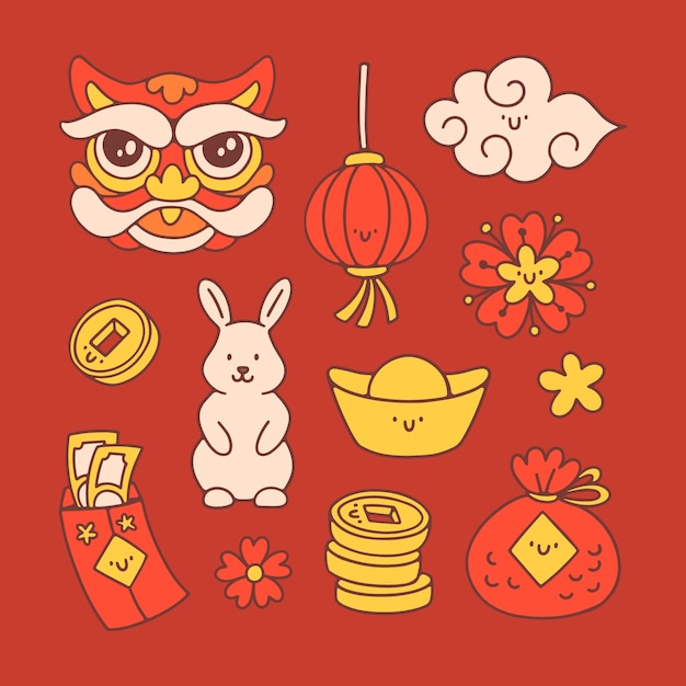 舞狮灯笼兔子元宝铜钱红包春节新年兔年元素