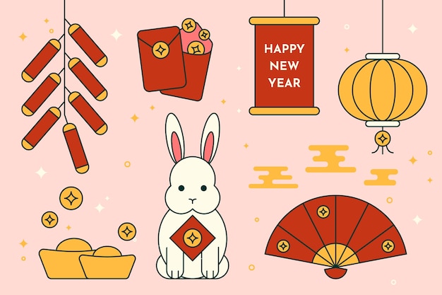 鞭炮红包灯笼兔子元宝春节新年兔年元素