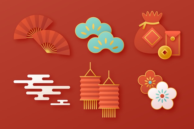 祥云折扇灯笼红包春节新年元素