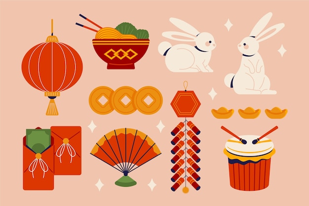 灯笼面条红包折扇鞭炮鼓春节新年兔年元素