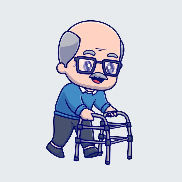 拄拐的老人卡通插画