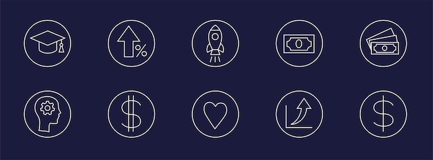 线条学士帽升值火箭金融股票美元符号投资理财图标