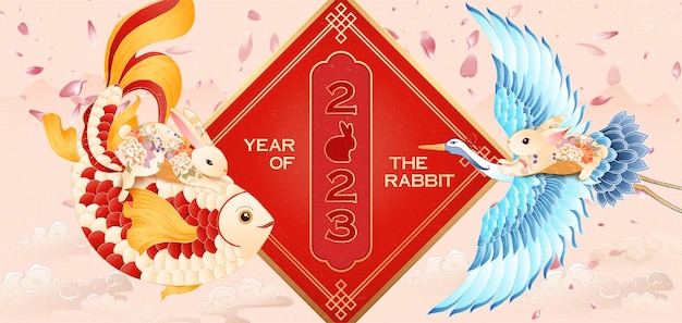 2023年兔年元旦春节新年锦鲤仙鹤插画海报模板