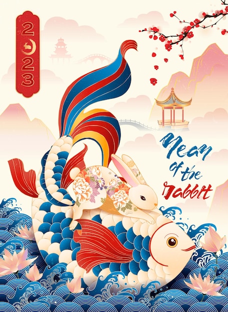 2023年兔年元旦春节新年锦鲤插画海报模板