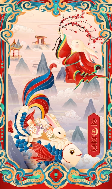 2023年兔年元旦春节新年插画海报模板