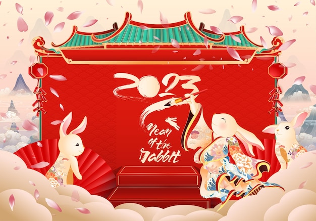 2023年兔年元旦春节新年插画海报模板