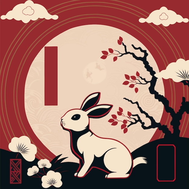 2023年新年春节兔年兔子花朵插画背景