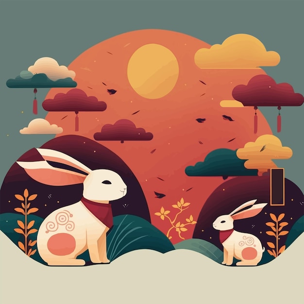 2023年新年春节兔年兔子花朵插画背景