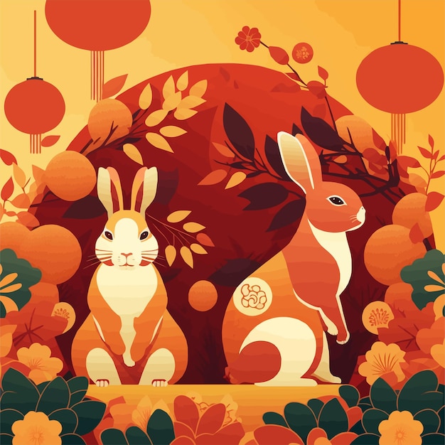 2023年新年春节兔年兔子花朵插画背景