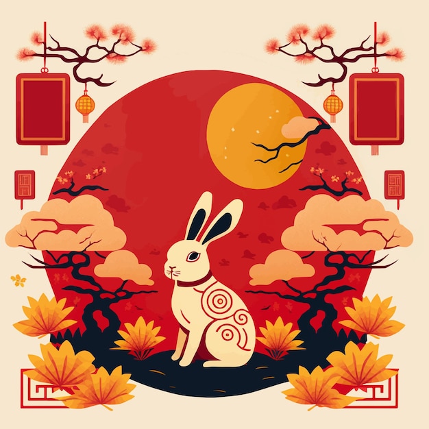 2023年新年春节兔年兔子花朵插画背景