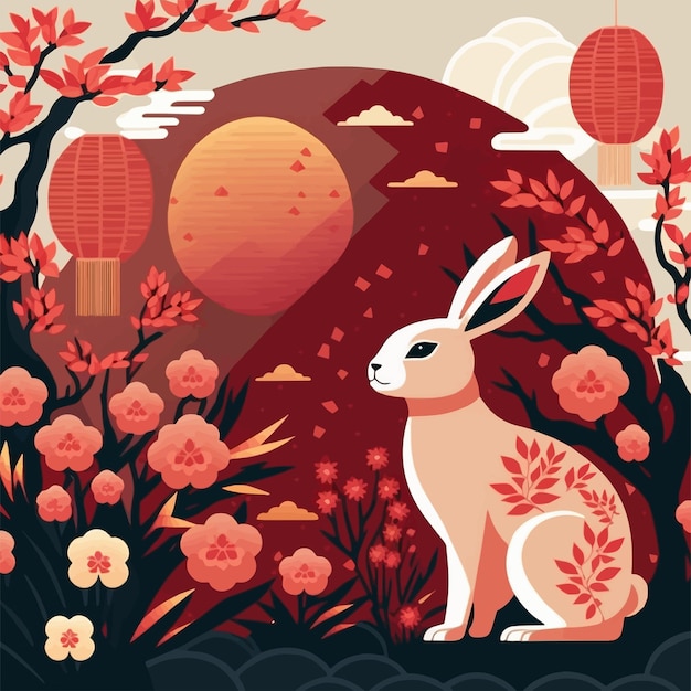 2023年新年春节兔年兔子花朵插画背景