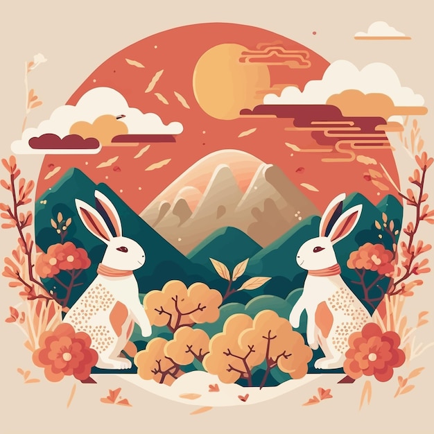 2023年新年春节兔年兔子花朵插画背景