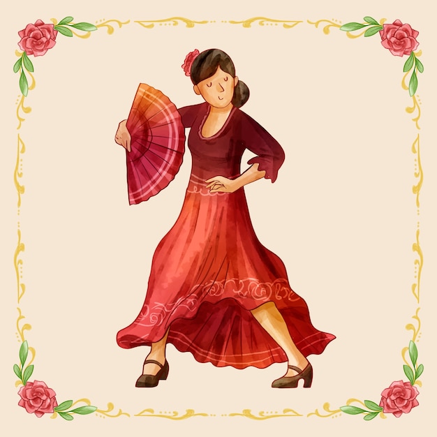 水彩风格弗拉门戈舞者跳舞的女人插画