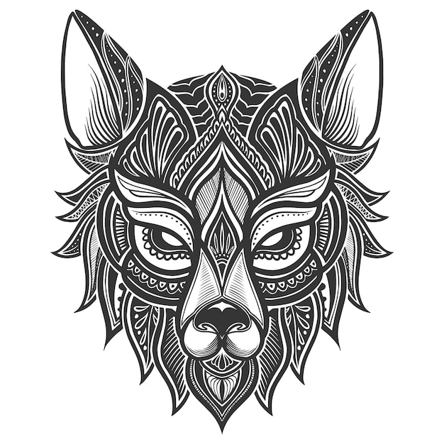 手绘曼陀罗狼动物插画