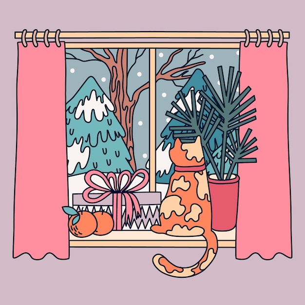 手绘冬季的窗户窗外的雪景风景插画