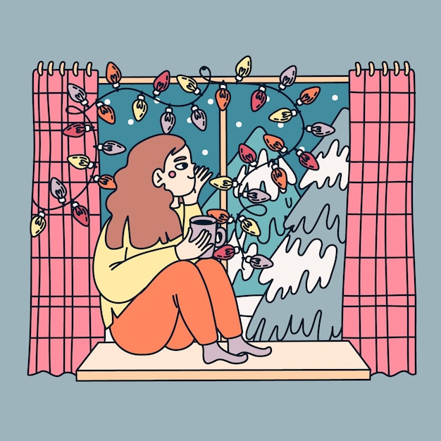 手绘冬季的窗户窗外的雪景风景插画