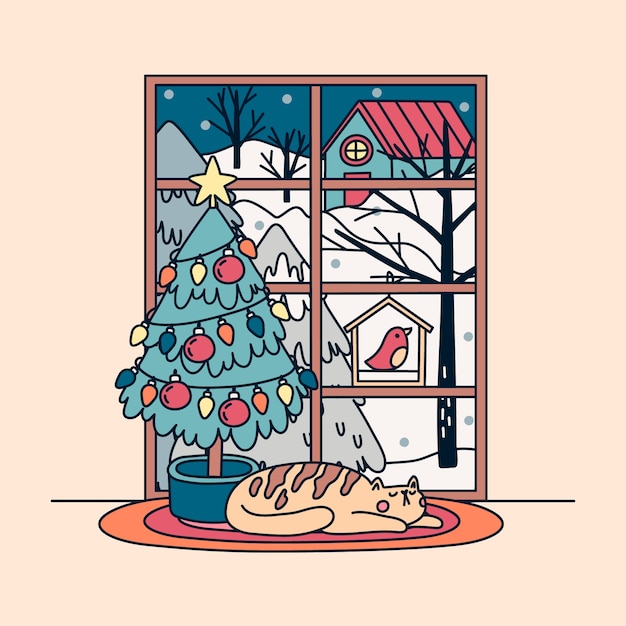 手绘冬季的窗户窗外的雪景风景插画