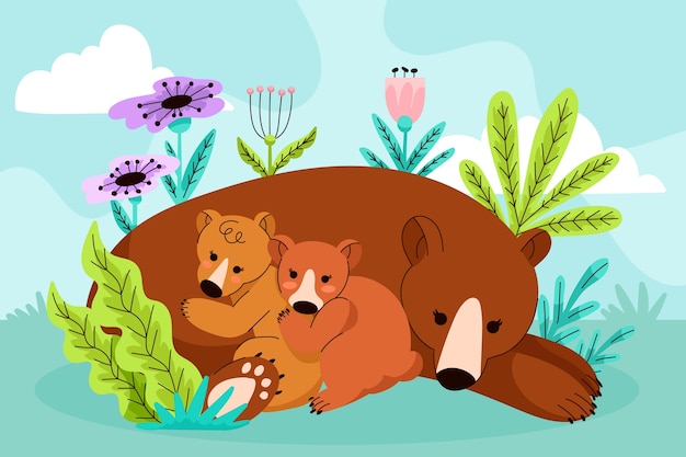 手绘熊母子插画