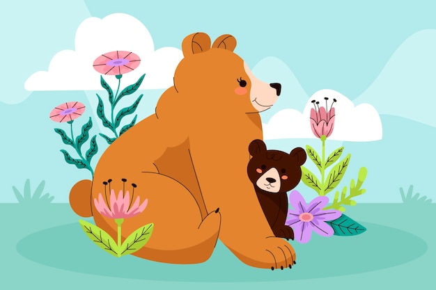 手绘熊母子插画