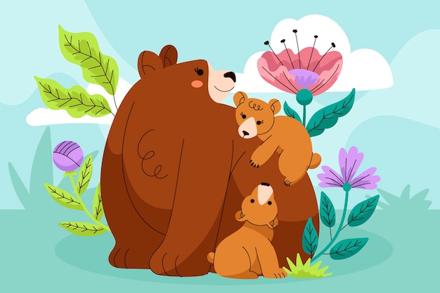 手绘熊母子插画