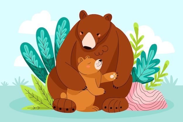 手绘熊母子插画