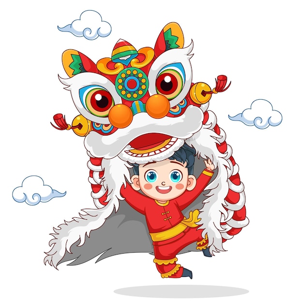 舞狮醒狮小男孩中国风插画
