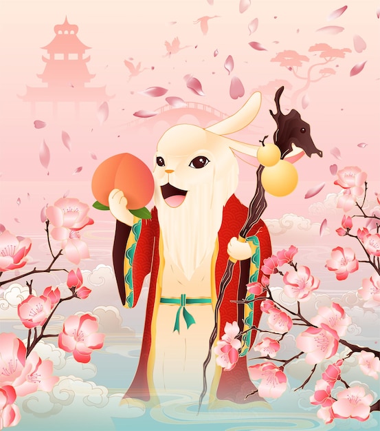 2023年新年元旦兔年春节中国风插画