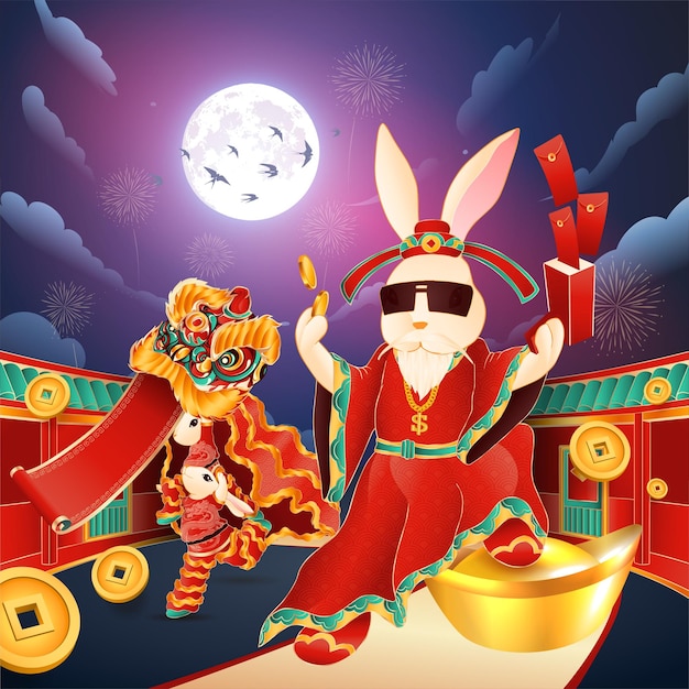2023年新年元旦兔年春节中国风插画