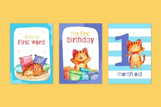 水彩风格小猫成长记录卡片儿童婴儿周岁满月模板